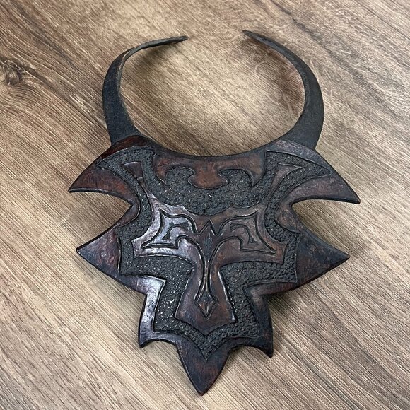Vintage Leather Breastplate Choker Engraved Necklace Statement Piece African - Picture 3 of 14